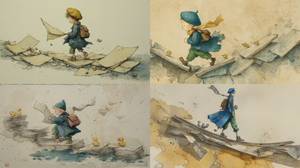 钢笔淡彩水墨，对角线构图，被撕下的书页碎片漂成小路浮在浅浅水渍上，画面中心是戴夸张大贝雷帽、穿深蓝外套与豆绿色裤子的q版小孩，潦草线条、背棕色包，举着巨大的书签像旗帜，小心踏过书页，3只小鸭追着飘动的书签飘带，灰黄色极简背景，淡墨像书页折影轻晕，粗颗粒、纸张肌理、粗钢笔线条
