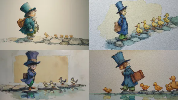 钢笔淡彩水墨，对角线构图，石头小路通向一片空白水面像舞台，画面中心是戴夸张大礼帽、穿深蓝西装外套与绿裤子的q版小孩，潦草线条、夸张戏剧姿态，背棕色包，站在一块石头上像在鞠躬谢幕，5只小鸭排成观众队列，灰黄色巨大留白，仅用极轻淡墨暗示柔和倒影，粗颗粒、纸纹理、粗钢笔勾勒