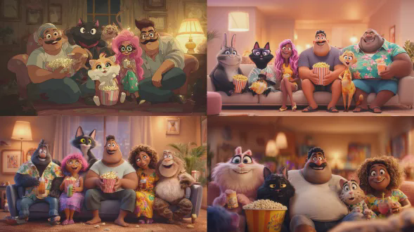 一群多元化的卡通角色舒适地坐在沙发上，一边吃着爆米花，一边共同观看动画电影。他们包括各种拟人化的动物，比如长着粉色长发、戴着眼镜的黑眼睛猫咪，穿着休闲 t 恤、留着胡须的魁梧男子，以及身着多彩服装、手持饮品的女性，大家都在享受电影时相互微笑。温馨的客厅布置，暖色调的灯光，营造出欢快的氛围