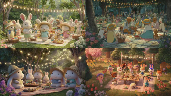 一群卡通角色在户外野餐，其中有戴着夏日草帽的拟人化兔子、穿着休闲花园派对服装的快乐人类，以及分享食物和交谈的友好林地生物。美丽的花园场景中，鲜花盛开，野餐毯铺开，头顶悬挂着串灯，金色时刻的光线洒落，呈现出一场宁静的社区庆祝活动。