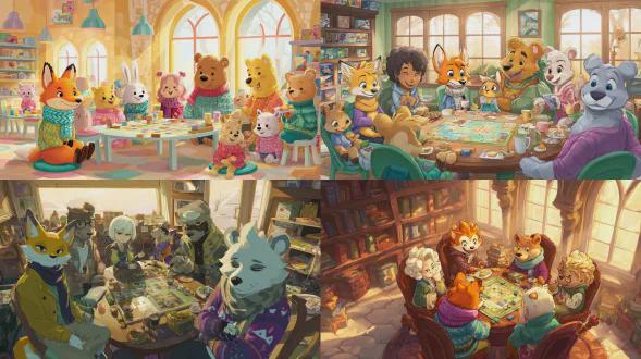 一群多元化的卡通角色围坐在桌游桌旁，包括围着时尚围巾的拟人化狐狸、穿着多彩毛衣的友善熊，以及不同年龄的人类，一起分享零食、欢笑不断。明亮、温馨的游戏室，架子上摆满了游戏，舒适的座位，午后温暖的阳光透过窗户洒入，洋溢着欢乐的社区氛围。