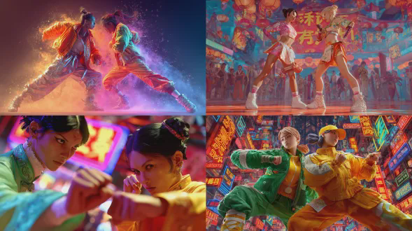 两位时尚女性参与充满活力的3d格斗场景，细节生动，动感强烈，色彩鲜艳，光线戏剧性，展现现代中国武术美学与文化力量，高分辨率，电影风格