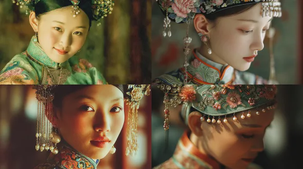 清朝年轻女子头部特写，华丽刺绣服饰，精致珠翠头饰，工笔细腻结合水墨写意，柔和自然光，浅景深，特写镜头，暖色调，含蓄微笑，优雅端庄，丝绸质感，传统中国风，细腻笔触，色彩鲜艳，古典韵味，柔焦边缘，肖像画风格，细腻肤质，含蓄情感。