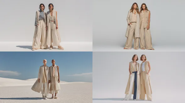 两位时尚女模特均匀站立，身高和比例相同，全身照，穿着轻松奢华的度假剪裁服装，一位穿着莫哈韦沙漠米色长风衣，内搭云舞者品牌米白色条纹衬衫和晚蓝色海军宽腿裤，另一位穿着无袖莫哈韦沙漠米色定制背心和米白色短裤，佩戴若有若无的腮红配饰，流畅的 draped 轮廓，现代海滨优雅风格，奢华女装型录，纯白背景，工作室日光，逼真的面料纹理，无变形，无裁剪