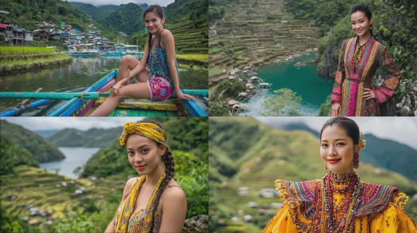 美丽迷人的亚洲女性，色彩鲜艳的旅行装，菲律宾最美的地方，姿势自然，直视镜头，不同背景多样，热带海滩，稻田梯田，火山湖泊，柔光照明，浅景深，35mm镜头，高饱和度，生动色彩，微笑表情，自信优雅，环境人像，自然光线，旅行摄影，生动构图