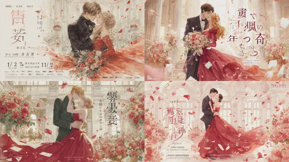 小说《浅粉玫瑰金》的海报描绘了一位身着黑色西装、白色衬衫的优雅绅士，在豪华宅邸的大厅里，于婚礼当天拥抱他穿着飘逸红色礼服的美丽新娘。他们共享温柔的一吻，周围点缀着钻戒、玫瑰花束、飘落的花瓣、心形卡片和装饰元素