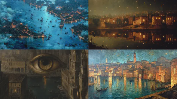 夜晚，城市灯光倒映在海港水中，特写，超现实法典，一幅画，整夜，恐怖的，由雅科波利戈齐于1604年左右创作，帕切科、博斯、欧文·佩恩、维克多·鲍尔的风格