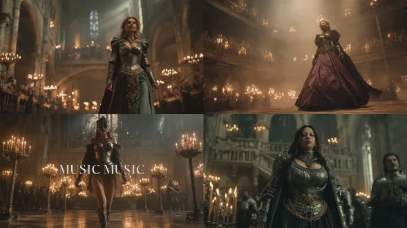 高写实照片。身着中世纪骑士装的女性，拥有华丽夸张的沙漏型轮廓与巨大身形，正大步穿过由数百支蜡烛照亮的哥特式仪式大厅，钢制盔甲贴合其身形轮廓，天鹅绒披风在她移动时从一侧肩膀滑落，戴面具的贵族从阳台上观望，金色链条腰带在她腰间晃动，相机从低角度捕捉她有力的步伐与金属的闪光。顶部中心预留标题区域