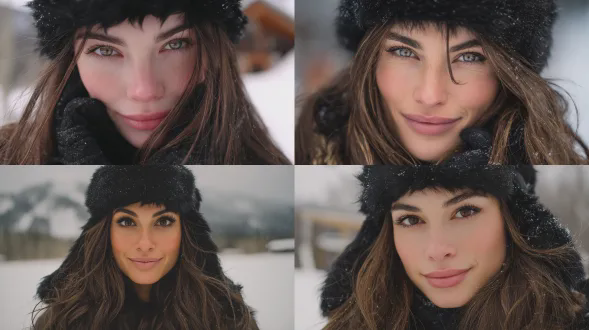 这张照片使用佳能eos r5无反光镜相机拍摄，搭配f/2镜头，iso设置为80，风格为instagram网红风格。leah halton作为instagram模特，她有着棕色眼睛、长长的棕色头发和浓密的眉毛，化着自然妆容，戴着黑色毛皮帽子和手套，站在滑雪场背景的雪地上，她正对着镜头微笑