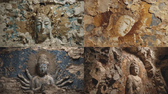 一位超凡脱俗的敦煌风格多臂菩萨显现，自神圣的受侵蚀壁画中以时空启示之态浮现。一幅有60%颜料脱落的破碎天界集会，展现出分层的高岭土底层，留存的青金石与藏红花丝绸碎片描绘着多臂的优美手印，手持的仪式器具现已蜕变成为结晶矿物形态。安详的面容化作金箔幽灵影像，而神圣光环变为石化的光纹样式。经风沙侵蚀的砂岩背景呈现出重写的梵文咒语与宇宙图式。超越的慈悲 emanations 透过数千年的侵蚀面纱散发开来