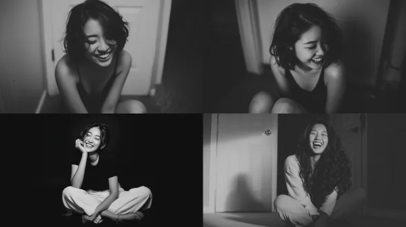 一幅艺术感十足的黑白肖像，描绘了一位年轻中国女性随意地坐在地板上，开怀大笑的姿态。柔和的自然光线，黑白处理突出了头发的质感和轻松的神态。使用50mm镜头拍摄，呈现细腻的艺术颗粒感。