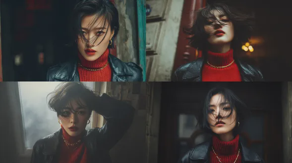 超逼真的电影感肖像，高端时尚杂志风格摄影。 发型：短发，发丝被风吹拂，飘散在脸上，以时尚的方式部分遮挡面部特征。 主体：年轻中国女性，面容较好，五官硬朗，可看到明显的皮肤纹理。 服装：黑色复古皮夹克搭配红色高领细线针织（堆叠领口），佩戴金色项链，优雅现代的造型。 场景/环境：时间为冬天，街上有供暖热蒸汽，充满欧洲风格，一个复古公寓的门，门打开着，里面黑漆漆， 动作/动态：前景有人快速移动，动态模糊（长曝光效果）挡住部分画面和镜头。拍摄对象保持完美清晰、沉静。拍摄对象静止，轻微仰头，看着镜头，一只手拉着高领毛衣的领子扯着挡住下颌线和嘴唇（时尚杂志模特的post）位于画面的右侧。 构图：低角度仰拍人物，胸部以上竖幅肖像，主体人物位置偏右构图，线条简洁流畅 相机：24mm广角镜头低角度仰拍视角，浅景深，电影感虚化效果，专业的时尚写实风格。 光照：柔和的电影感光照，暖色调，营造氛围感。高光控制得当，阴影保留细节。 色彩/后期：高细节，高级色彩分级，自然的肤质纹理，微妙的胶片感（无明显颗粒）。无文字、无徽标、无水印。