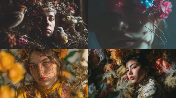 现代女性肖像被象征性动物与守护荆棘环绕，超现实花卉光晕，脆弱感编织成视觉隐喻，鲜明平涂色调与神秘现实主义，索尼 a7r v 相机，50mm f/1.4 镜头，舞台式正面肖像，清晨自然光线