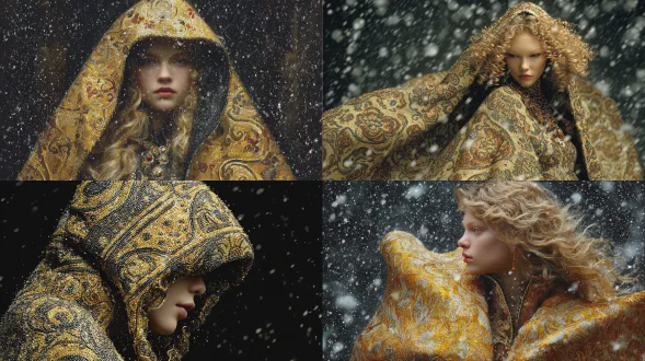 冬日女皇站立雪地，金色马赛克斗篷闪耀，螺旋霜花图案精细，中画幅数码，钨丝灯光暖黄，低角度仰拍，暗调背景，高光点缀，冷峻表情，红唇微启，奢华装饰，珠宝细节，柔焦边缘，油画质感，金属光泽，对比强烈，神秘高贵