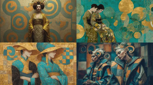 混合（blend）：克里姆特的金色 + 日本木刻的几何感 + 帝王形象倚靠风格化螺旋，柔和的青绿色与金箔色调，哈苏相机，低对比度工作室光效