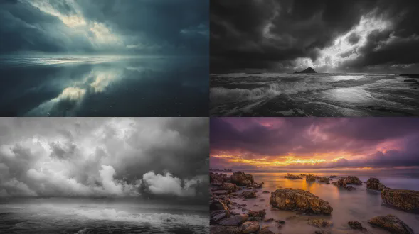 透纳笔下的风暴海景被发光的雾霭与狂暴的天空吞噬，氛围崇高，索尼 a1 相机，24mm f/1.4 镜头，高动态范围