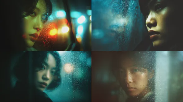 雨夜窗边，柔和的漫射光照亮了一位年轻东亚女性的半边脸，画面充满电影感。色调以忧郁的蓝琥珀色为主，保留了35毫米胶片的颗粒感，景深较浅。她神情内省，令人想起王家卫的电影