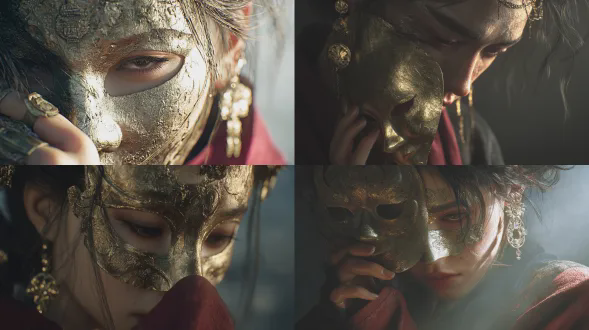 一位古风女子面部特写，聚焦于眼睛，手持华丽金箔面具，面具仅遮挡部分面部，露出双目与额头，耳侧发丝凌乱垂落，佩戴雕花金属耳坠。手指修长、骨节分明，轻托面具边缘。目光低垂，下颌微抬，呈睥睨神态。自然光从右上方斜射，形成强烈明暗对比，突出面部立体结构。金箔在发丝间隙与面具轮廓处反射高光，肌肤呈现细腻哑光质感，可见毛孔与细微纹理，睫毛根根分离、清晰可辨。背景施加薄雾柔光效果，制造朦胧空气感。虹膜纹理经微距镜头级精度刻画，呈现放射状色素分布与瞳孔收缩细节。衣料为暗红色丝绸，自肩部自然下垂，褶皱柔和，与金色装饰形成色彩对冲。背景全虚化，无具体景物，仅保留色阶过渡。风格为cg厚涂，强调笔触肌理与光影堆叠，无文字元素。