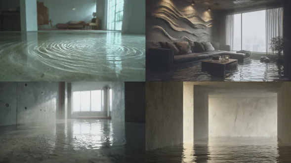 空荡的客厅，波浪在混凝土墙面具象化，水洼波光粼粼，银雾弥漫，35 毫米镜头，浅景深