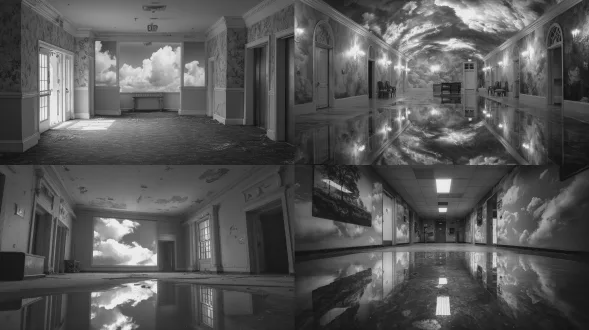 破败的大堂，云景投影在墙纸上，地面浮现幽灵般的倒影，电影感单色调，50 毫米柔光镜头