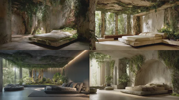 宁静卧室中，雨林化作天花板肌理，藤蔓从石膏墙面自然生长而出，床垫局部融入柔和的苔藓微光，45 毫米梦幻焦点