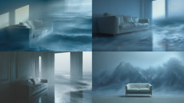 现代客厅中，海洋并未显现在墙面上，而是取代了空气本身，波浪折叠融入沙发边缘，仿佛现实正在渗漏，幽灵般的蓝色调，50 毫米柔焦景深，反射性薄雾