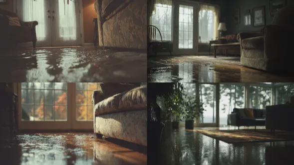 客厅中，地面水洼化作通往远方风景的窗口，低饱和度的灰鼠尾草色调，50 毫米柔焦镜头