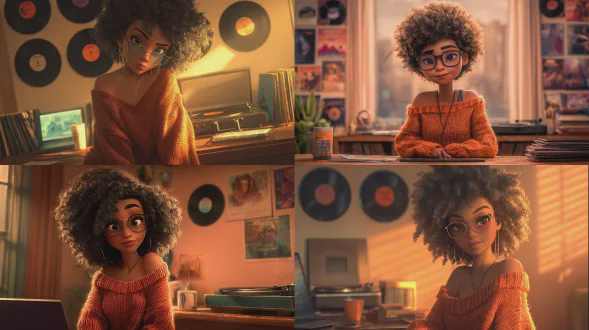 一幅迪士尼皮克斯风格的美丽非裔美国女孩，拥有巧克力棕色皮肤，自然的大爆炸头，戴着雷朋徒步旅行者款阅读眼镜，穿着一侧肩滑落的烧焦橙色超大号毛衣，坐在书桌前，一台笔记本电脑在她面前打开，一个复古唱片机坐在书桌旁边，还有一个日式小咖啡杯。她身后的墙上摆满了一排排黑胶唱片。温暖的傍晚光线充满房间，营造出舒适、亲密的氛围。她自信又温柔地直视镜头。广角镜头捕捉她和整个房间，电影构图，暖色调，环境实用灯光，超细节纹理，逼真的皮肤，柔和的阴影，清晰的高光，高分辨率，35毫米广角镜头，舒适，创意新灵魂乐氛围
