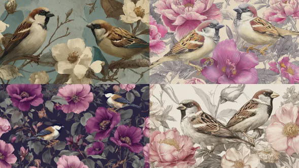 正面以麻雀为主要特征，采用复古版画风格，带有复杂的笔触和精致的细节。麻雀具有柔和的渐变色彩， vibrant背景，微妙的花卉元素和精细的线条细节。优雅精致的花草用柔和逼真的色彩绘制，无任何文字，自然光柔和、平衡且和谐，艺术作品精致