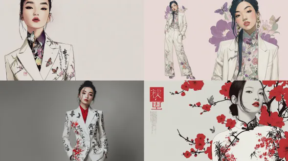 绘制一幅服装插画：一位21岁东亚女模特穿着白色西装。这套西装具有新中式风格，上面有手绘的梅花、竹子、蝴蝶和书法元素图案