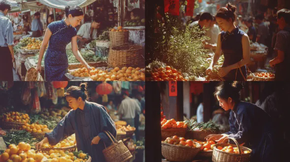 一张用富士胶片拍摄的照片，展现一位20岁的台湾女子，她头发束成发髻，身着膝上长度的深蓝色修身旗袍，正在传统户外街市的水果摊挑选橙子，阳光灿烂，她右手提着一只柳条篮