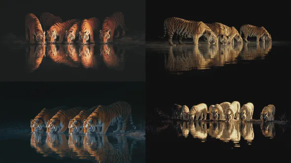 一群老虎在夜晚饮水，它们的身影在下方平静的水面上清晰可见，在黑色背景的映衬下构成一幅迷人的画面。光线柔和自然，每只老虎都被清晰地照亮，其倒影尤为突出。这幅作品采用照片写实主义风格，运用了逼真的摄影技巧，令人联想到《国家地理》的摄影作品。