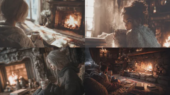 照片展示一个女孩在壁炉旁喝咖啡，附近有一本书，女孩外观真实，风格是斯堪的纳维亚现代风，氛围舒适温暖，高细节，柔和光线