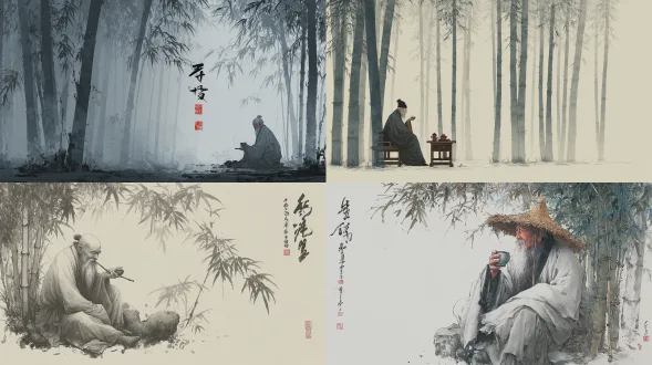 传统中国水墨画，一位睿智的老者坐在竹林中，品茶，氛围神秘，禅意，极简主义，高清，8k