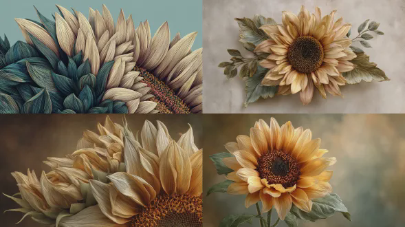 一幅超写实的向日葵美术插画，采用焦点堆叠技术以实现极致景深。每片花瓣和叶子都细致渲染。风格模仿带有调色刀效果的纹理绘画，但具有摄影般的清晰度。颜色：深米色、米色、深绿色、浅琥珀色。柔和的柔和背景。适合装裱的独立构图。8k分辨率