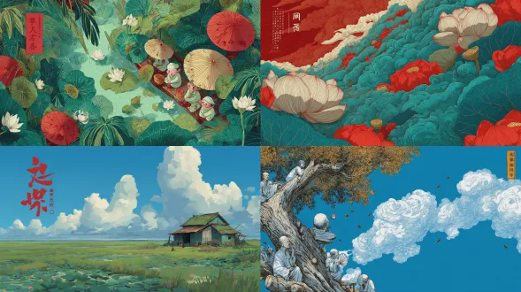 中国节气“大暑”，中国盛夏乡村，灼热阳光，蓝天白云高耸，树干上的蝉，郁郁葱葱的稻田，盛开荷花的荷塘，老人摇着蒲扇在榕树下沉睡，空气中的热浪，温暖饱和的色彩，强烈的阳光和阴影对比，中式插画风格，夏日生机，电影构图，海报设计