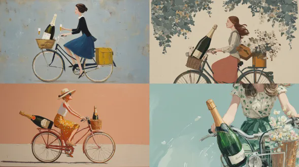 一幅印象派绘画，展现一个女孩骑自行车的场景，她的自行车前筐里有一大瓶香槟，风格类似斯利姆阿伦兹、简约风格以及哈丽特·李 - 梅里恩