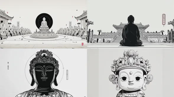 一幅超写实、具有电影氛围的佛像图像，呈现多种佛教文化风格，体现这样的智慧：当心灵摆脱执着与分心，便会觉醒于本真，超高清
