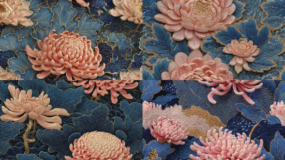 超细节的中国传统装饰艺术品，密集分层构图：作为视觉中心的完全盛开的大菊花，呈浅鲑鱼粉色，带有微妙的珊瑚丝绣纹理，具有浮雕3d效果，并用宽而突出的有光泽的金箔勾勒/突出；周围散落着2朵浅粉色带鲑鱼色边缘的半开菊花；多个深蓝色的大型叶状/花瓣状图案（带有相同宽而突出的有光泽的金箔轮廓）填满画面，其中一些图案有深蓝色部分点缀着微小密集的金点。背景是深蓝色基底，覆盖着精细、精致的波浪形浅鲑鱼粉色线条（模仿漆器笔触或刺绣针脚）。整个作品融合了中国传统漆器工艺（描金、纹理分层）与丝绣纹理，深色背景与浅色花卉元素形成高对比，复杂的细线细节，丰富的触感纹理，超写实渲染，8k分辨率