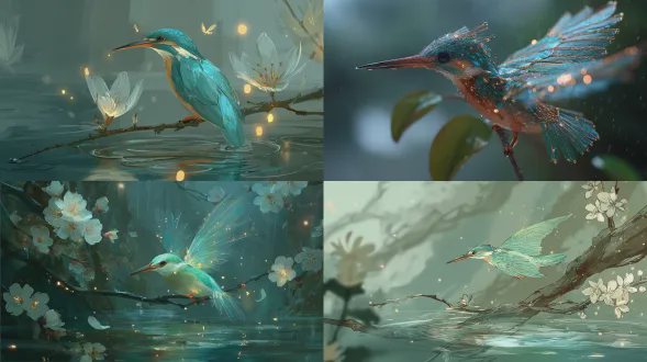 一只精致敏捷的翠鸟灵体，身形纤细空灵，似精灵在水面起舞。它的身体覆盖着水晶般半透明的蓝绿色羽毛，边缘轻柔地闪烁着微弱的金色光晕。当灵体优雅移动时，金色光芒如微风拂过池塘水面般流转。它的眼睛清澈如玻璃，深邃而温和，映照着周围世界的宁静与纯净。翅膀轻如薄纱，闪烁着柔和的光点，宛如水滴的光泽。每一个轻盈的动作都会激起空气中的水雾，长长的尾羽优雅地飘动，如一缕缕青烟，随每一个动作摇曳。灵体周围环绕着轻柔的薄雾和闪烁的光点，营造出梦幻般的氛围，仿佛是一颗掠过水面的流星——优雅而纯净。它栖息在一棵古老的梅树的枝桠上，梅花白如雪，每一片花瓣都被细雨轻吻，更增添了灵体的优雅空灵特质。背景是江南地区柔和的烟雨场景，细雨如丝，轻柔地触碰远处的山峦和河流，雨水勾勒出 landscape 的静谧柔美。山峦在雾中柔和地隐现，半掩在雨的怀抱中。场景由ue5渲染，展现电影级的光影和阴影，每一个精细细节都以惊人的8k分辨率呈现。动态模糊增强了灵体动作的流畅性，营造出宁静梦幻的氛围，捕捉到优雅与宁静的精髓。