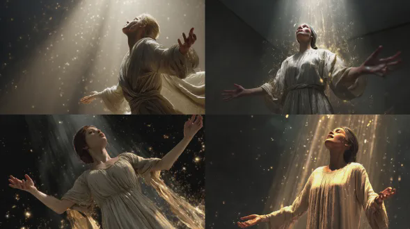 一幅电影质感的3d渲染作品，描绘一位身着圣经时代服饰的女性，呈喧闹且祈求之姿态，双臂微抬或向上伸展，双手张开呈投降状。其服饰简约飘逸，由圣经时代典型的天然织物制成，柔和褶皱随空气轻舞。她的身体姿态传达出强烈信念、深切情感祈祷，头部微抬，胸部敞开，全然沉浸于呼唤时刻。自她上方稍前处，一道强大神圣光束直降其身，象征神圣回应、恩典与精神契合。光束明亮神圣，融合金白色调，柔和却有力，不具攻击性。光束抵达时，开始照亮其脸部、胸部及上半身，创造天地与人的可见互动。周围环境昏暗简洁，让光线与姿态主导构图。光束内现细微粒子与体积光线，增强神圣氛围。风格：高质量电影3d渲染、精神现实主义、神圣象征、体积光。氛围：喧闹、投降、神圣连接、信念、精神强烈。色彩调：温暖金色、柔和白光、中性土色、深沉阴影。镜头：中广角、稍低角度，突显谦卑与超越。超细节光线、平滑渐变、神圣虔诚氛围