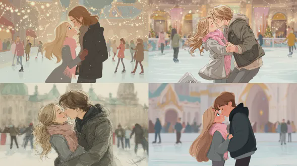 插画，一对情侣在大皇宫溜冰场，金发长发绿眼的女孩，棕发中等长度头发蓝眼的男孩，女孩戴着粉色围巾、灰色外套和灰色裤子，男孩穿着黑色裤子和 oversized 夹克，他们正在接吻