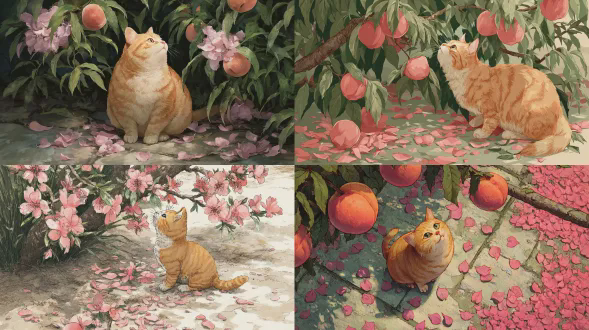 一只可爱胖乎乎的橙色猫咪蹲在桃树下面，抬头望着盛开的桃子，猫咪身体周围的地面上覆盖着粉色花瓣，呈现出写实风格