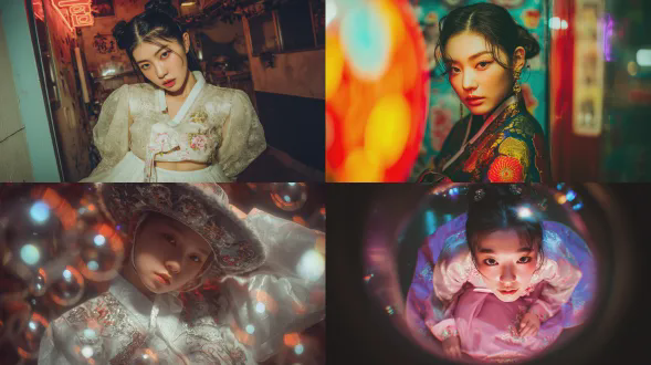 韩服奶牛未来汉城街头全身照广角镜头浅景深泡泡纱韩服精美刺绣甜美表情好奇张望柔和散射光赛博朋克细节霓虹色调温暖可爱未来主义