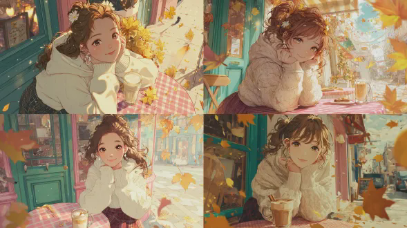 超高清8k，梦幻童话风格数字插画，呈现异想天开的秋日街角咖啡馆氛围。一位年轻亚洲女孩（十八九岁），波浪状栗色头发扎成松散半高髻，装饰着干枯枫叶与小白雏菊，有着鹿般大大的圆眼睛，闪烁的榛色虹膜，脸颊泛着粉色腮红，面带甜美微笑。她戴着精致银色星星垂坠耳环，下巴搁在交叠的手上，左手轻握一杯装满蜂蜜肉桂拿铁的玻璃马克杯（顶部有奶油漩涡，一根肉桂棒伸出），置于粉色格子桌布上。她身着超大号奶油白色带大帽兜的羊毛毛衣，搭配格子勃艮第色裙子，双腿随意交叉。场景是街角的柔和彩色小咖啡馆：秋日阳光为店铺披上温暖金色光芒，有镜头光晕与柔和光线；窗外，彩色秋叶如发光纸屑般飘飞，一群麻雀在人行道跳跃，咖啡馆外墙漆成柔和粉色与薄荷绿，有南瓜形状木质招牌。风格：柔和动漫美学融合童话元素，柔和调色板（奶油白、勃艮第色、薄荷绿、婴儿粉），发光环境光，咖啡馆外悬挂的 fairy灯柔和散景，超细节纹理（毛衣绒毛、玻璃马克杯透明度），营造神奇暖心氛围