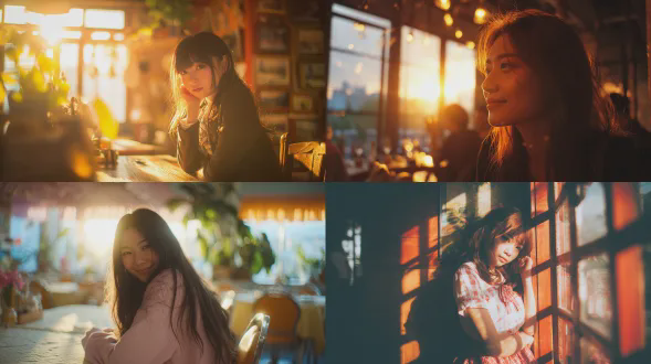 当典型场景的背景是日落时分，阳光洒入房间。这位来自日本的少女拥有极其纯净的容貌，身着可爱的多巴胺撞色服饰，留着长发。纯净可爱，她所处的环境是一家装饰复古、氛围感十足的餐厅。拍摄风格与技巧为：镜头粒子实时相机拍摄。夕阳照亮了这一幕，让她感到无比快乐。由于运动模糊，背景呈现出条纹效果，传递出幸福与自由的感觉。细节极致+锐化+专业细节布光+摄影布光+光影画廊+行为摄影+无闪光灯色调+柔光+自然光+颗粒质感+电影风格+复古风格+怀旧风格+广角+背景虚化。梦幻现实主义，幸福感，日落加权元素：（笑脸特写：1.4）、（扭身奔跑姿态：1.3）、（面纱随风飘动：1.3）、（胶片颗粒：1.2）