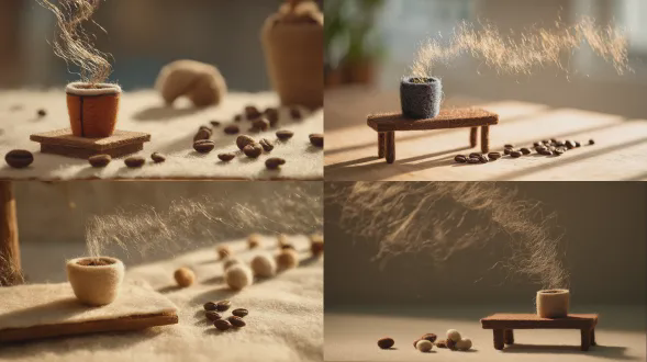 毛毡羊毛定格动画，微型咖啡杯置于小木制毛毡桌上，由旋转透明羊毛制成的柔和蒸汽在空中缓缓升腾舞动，旁边散落着细密缝制的咖啡豆，晨光投下修长影子，香气化作金色丝线在空间中交织穿行