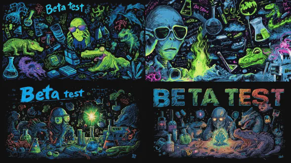 a black background with blue, green, and red graffiti-style lines depicting science lab equipment like beakers, test tubes, and glassware floating in the air. in one corner is an alien creature wearing sunglasses, holding up to its face a glowing crystal that radiates energy. other creatures include lizards, dragons, and alligators. tech gear lying around on the floor. on top, there’s text written “beta test”.