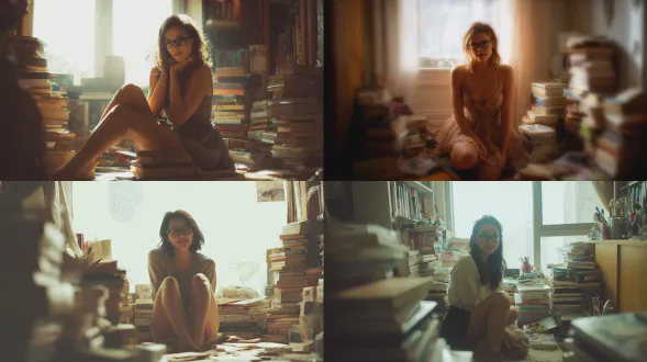 书房女神，迷你裙与书籍的碰撞，全景构图，温馨书房背景，人物坐在地板上被书堆环绕，黑框眼镜，专注微笑，自然光从窗户斜射，浅景深，柔焦效果，暖色调，知性优雅，宁静氛围，书籍细节，胶片质感，生活化场景。