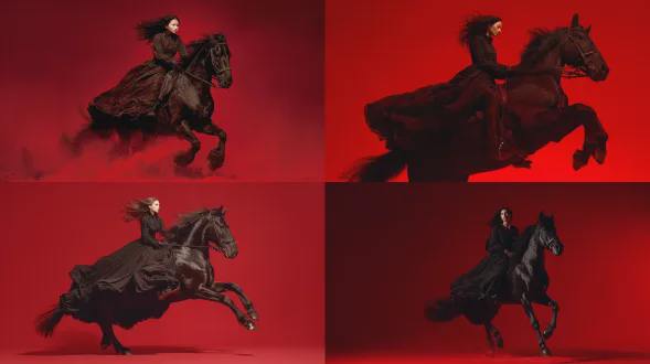 红色背景前，一匹强壮黑马前蹄腾空跃起，马上女子身穿飘逸深色长裙，长发飞舞，面容坚毅，高清摄影，电影感，戏剧性布光，动态模糊，低角度拍摄，长焦镜头，张力十足，红黑对比，史诗感。